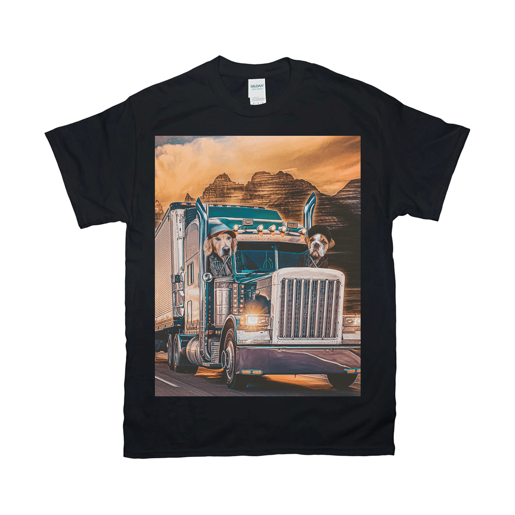 Black Gildan t-shirt featuring two personalized pets (dogs) driving a semi-truck on a highway.