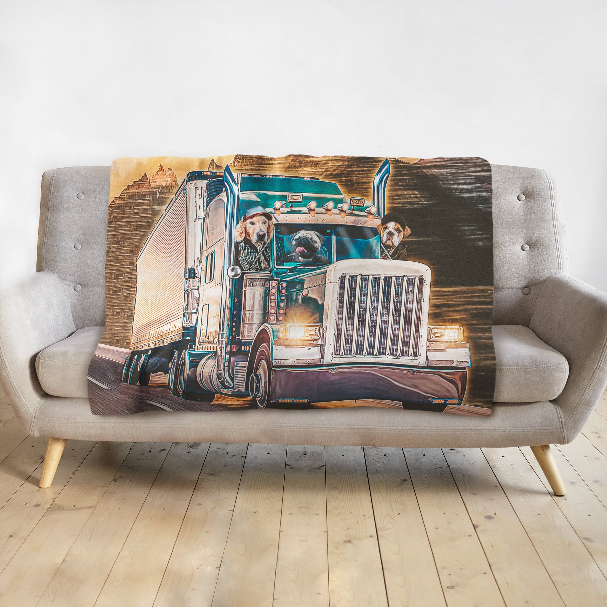 Personalized 3-pet blanket with dogs in a custom trucker portrait design.