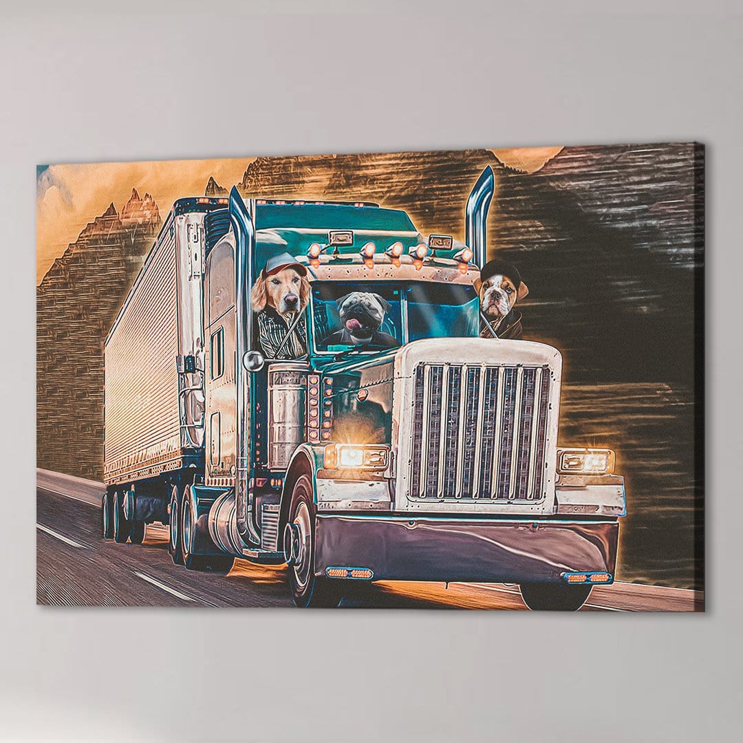 Custom canvas art featuring three pets (a golden retriever, a black dog, and a brown dog) driving a blue semi-truck.