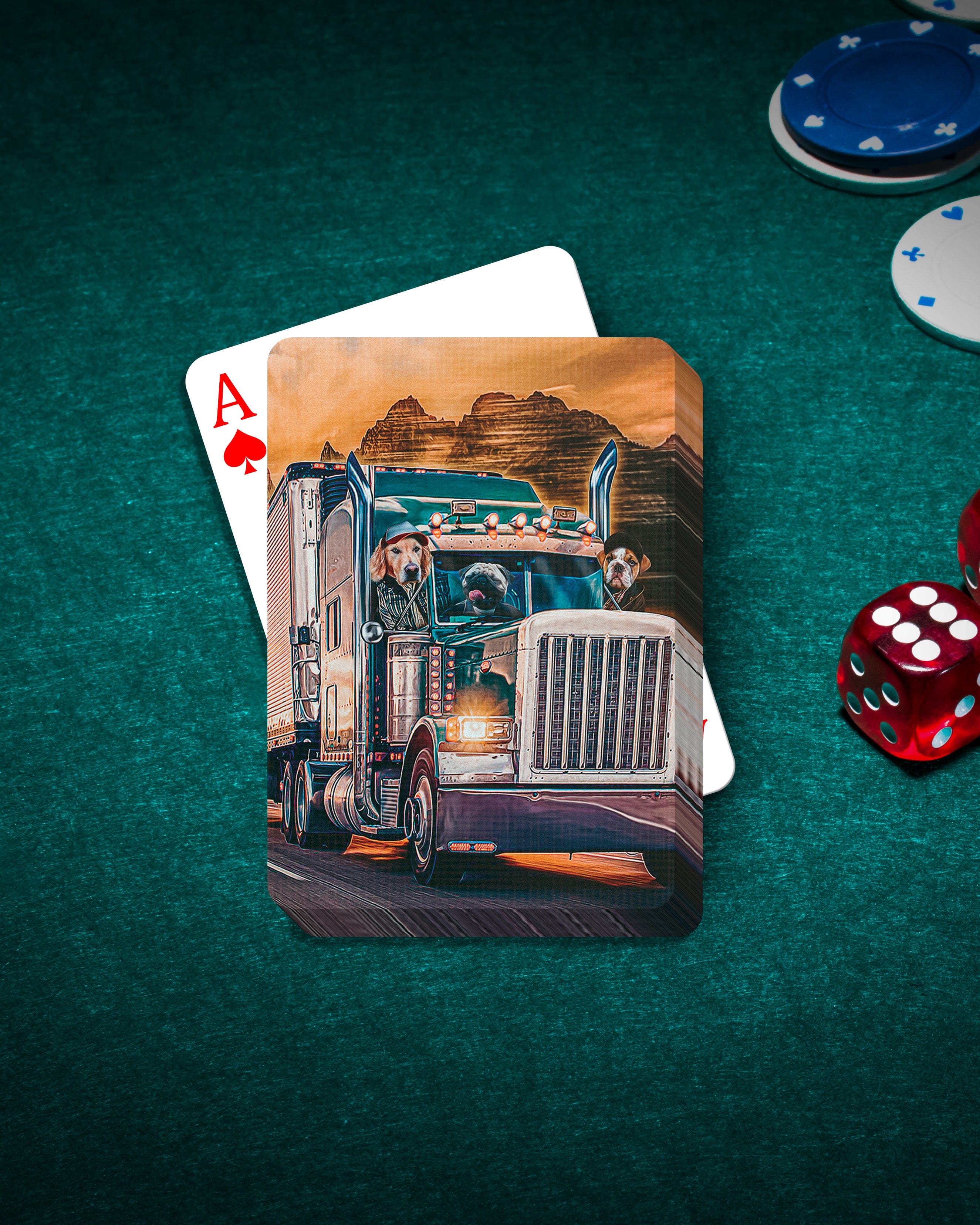 Personalized playing cards featuring three pets in a custom "Truckers" cartoon portrait design.
