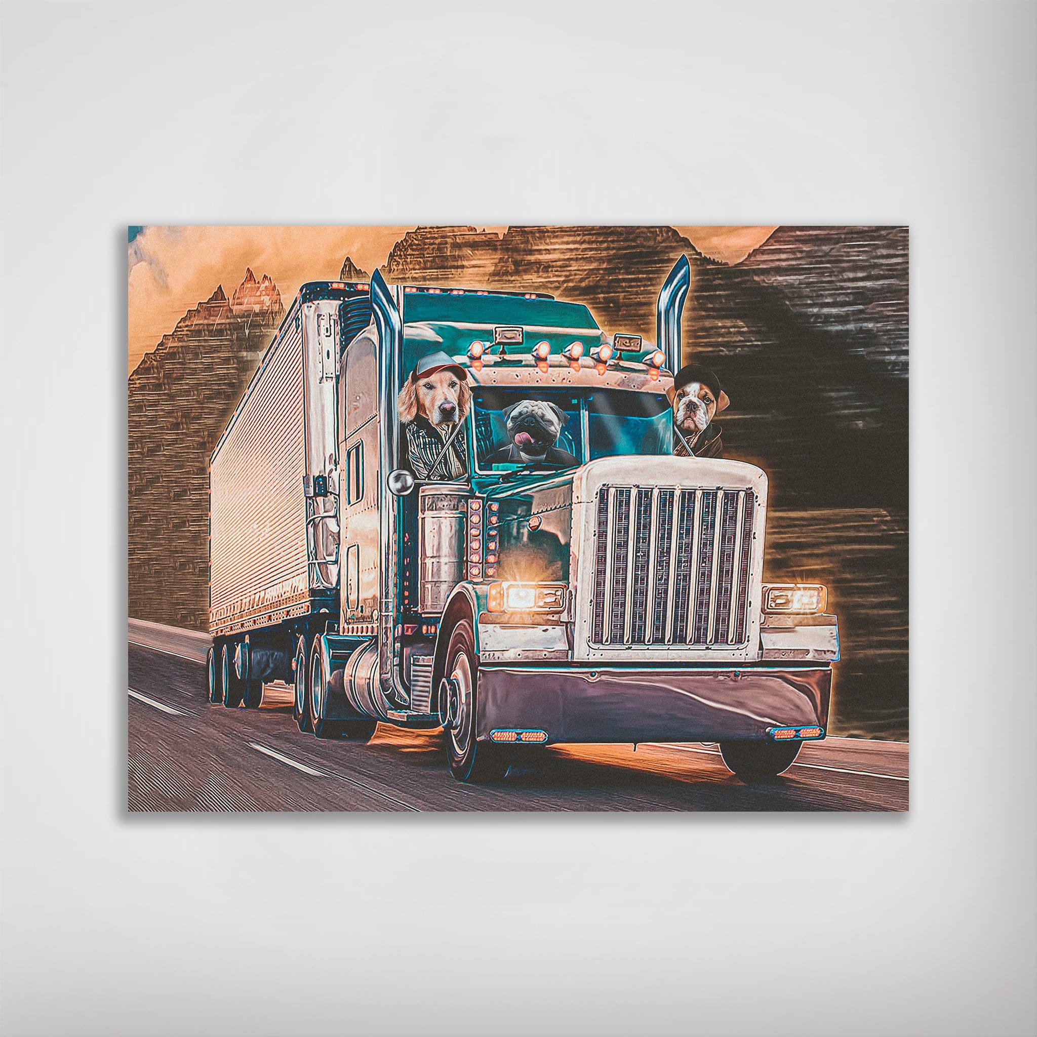 Personalized matte poster featuring three pets in a blue semi-truck driving on a highway.