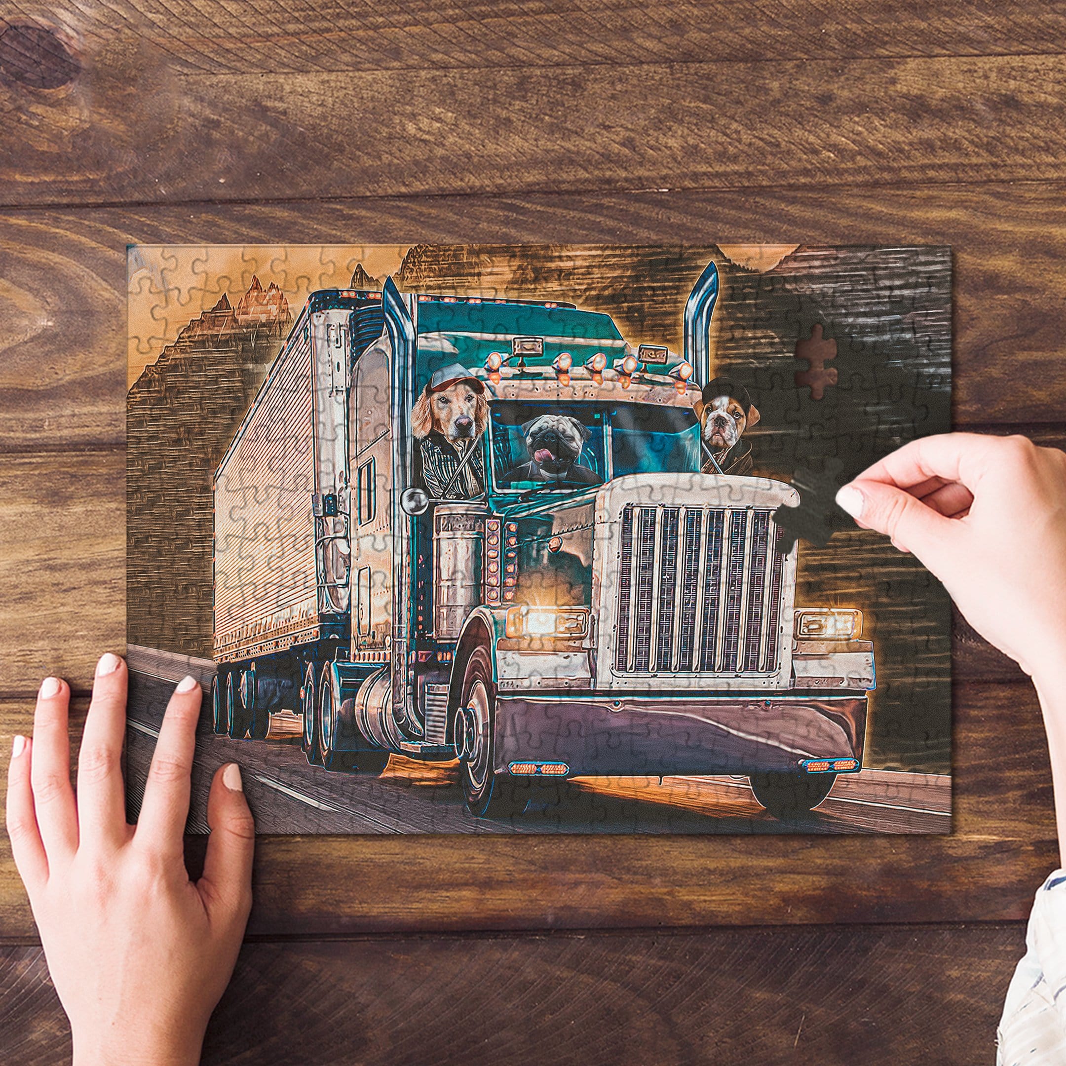 Custom personalized puzzle featuring three pets as truckers in a semi-truck, partially assembled on wood.