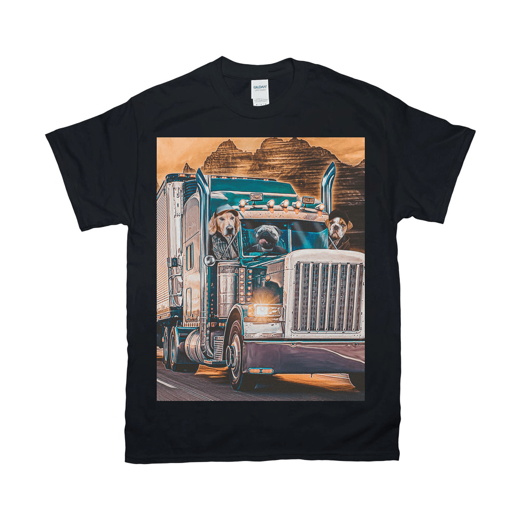 Black Gildan t-shirt with a personalized graphic of three pets in a blue semi-truck driving through mountains.