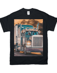 Black Gildan t-shirt with a personalized graphic of three pets in a blue semi-truck driving through mountains.