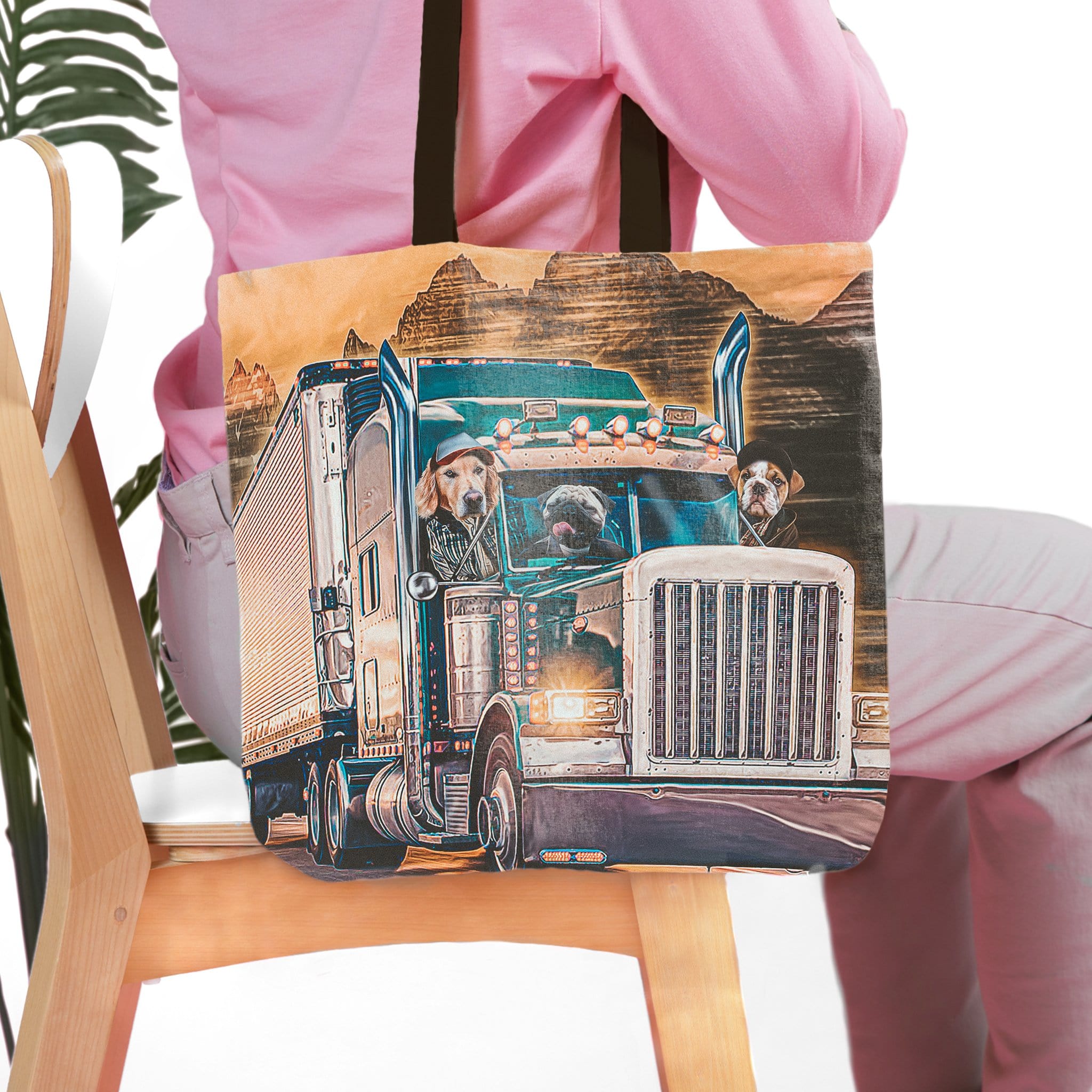 Personalized 3-pet tote bag with a custom dog portrait driving a truck design.