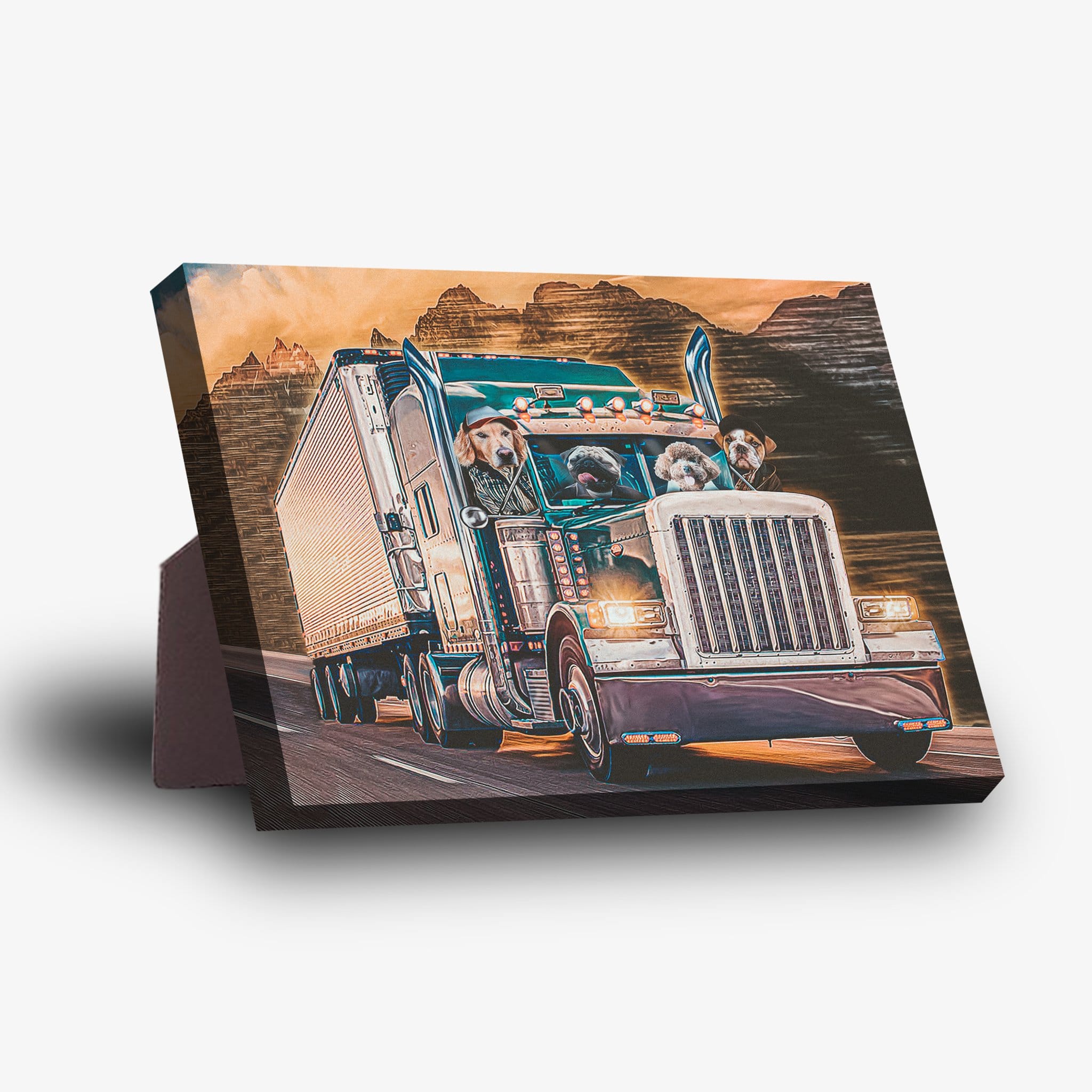 Personalized standing canvas featuring four pets in a green semi-truck, driving on a road with mountains at sunset.