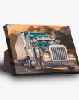 Personalized standing canvas featuring four pets in a green semi-truck, driving on a road with mountains at sunset.