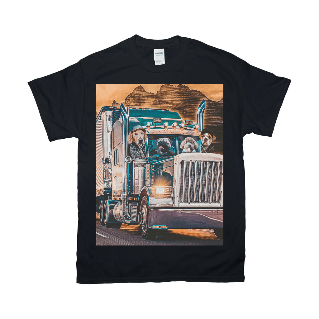 Black Gildan t-shirt featuring a personalized graphic of four pets riding in a blue semi-truck.