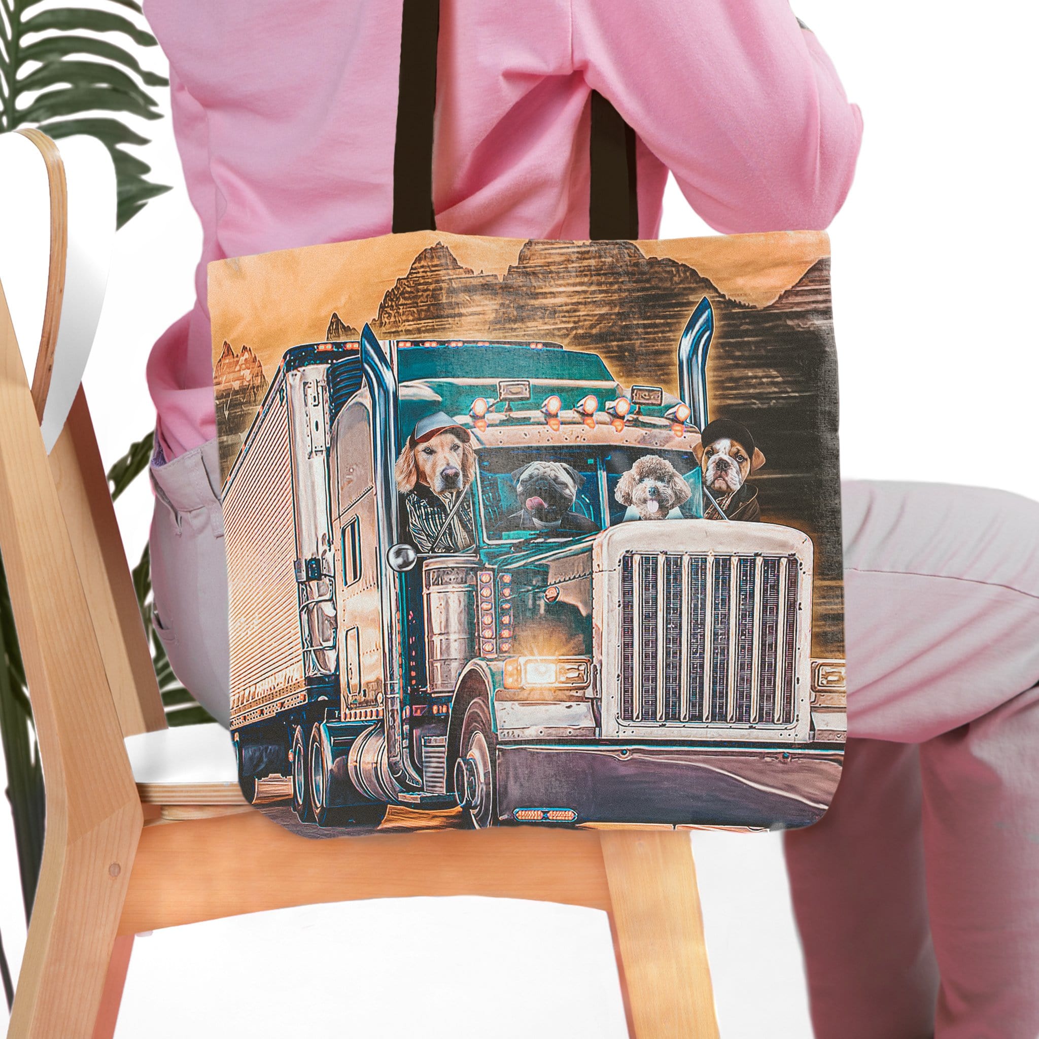 Personalized tote bag with four pet portraits in a truck, "The Truckers" design.
