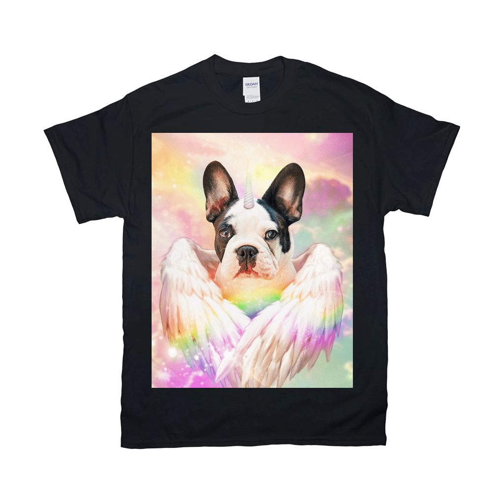 Black Gildan unisex t-shirt featuring a French Bulldog with a unicorn horn and rainbow wings on a pastel background.