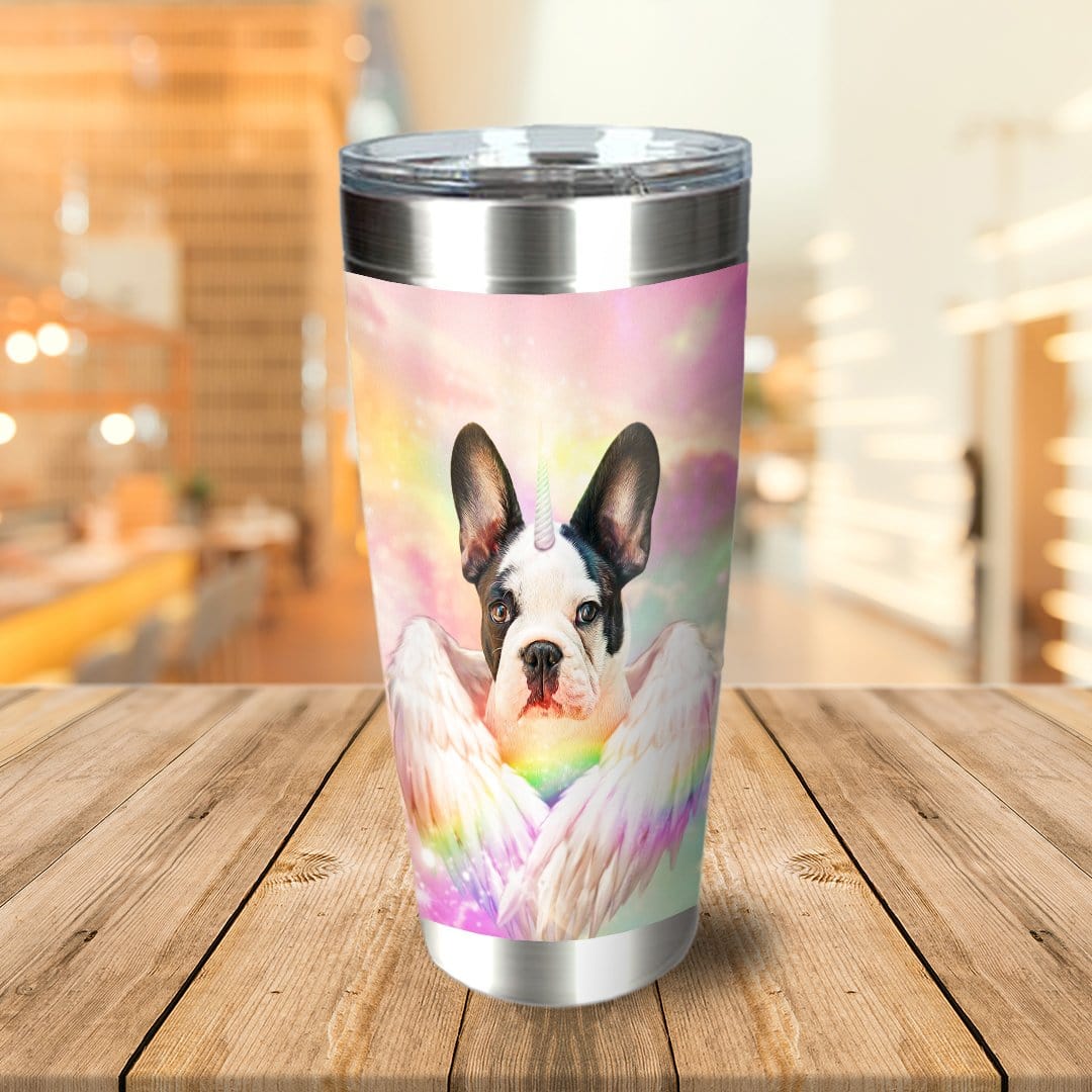 Personalized stainless steel tumbler with a French Bulldog unicorn pet portrait, rainbow wings, and pastel background.
