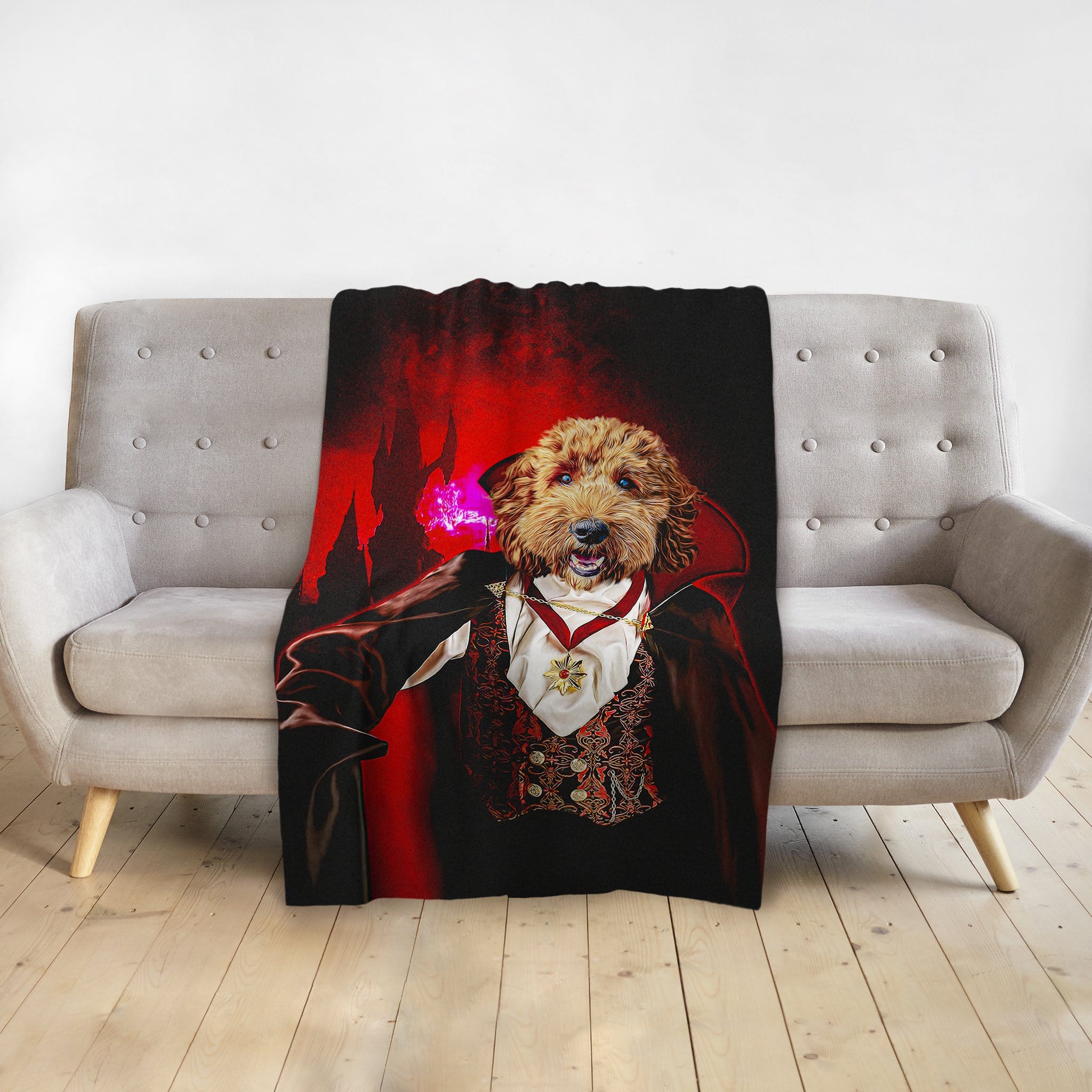 Personalized pet blanket featuring a golden dog in a custom Vampire portrait on a red and black background.