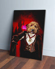Personalized pet canvas featuring a brown dog in a vampire costume against a red castle backdrop.