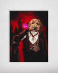 Personalized pet poster featuring a golden doodle dressed as a vampire, with a red castle backdrop.
