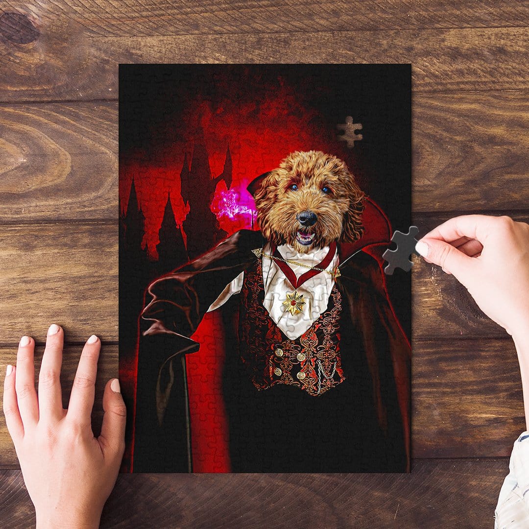 Personalized pet puzzle featuring a dog in a vampire costume against a red castle background.