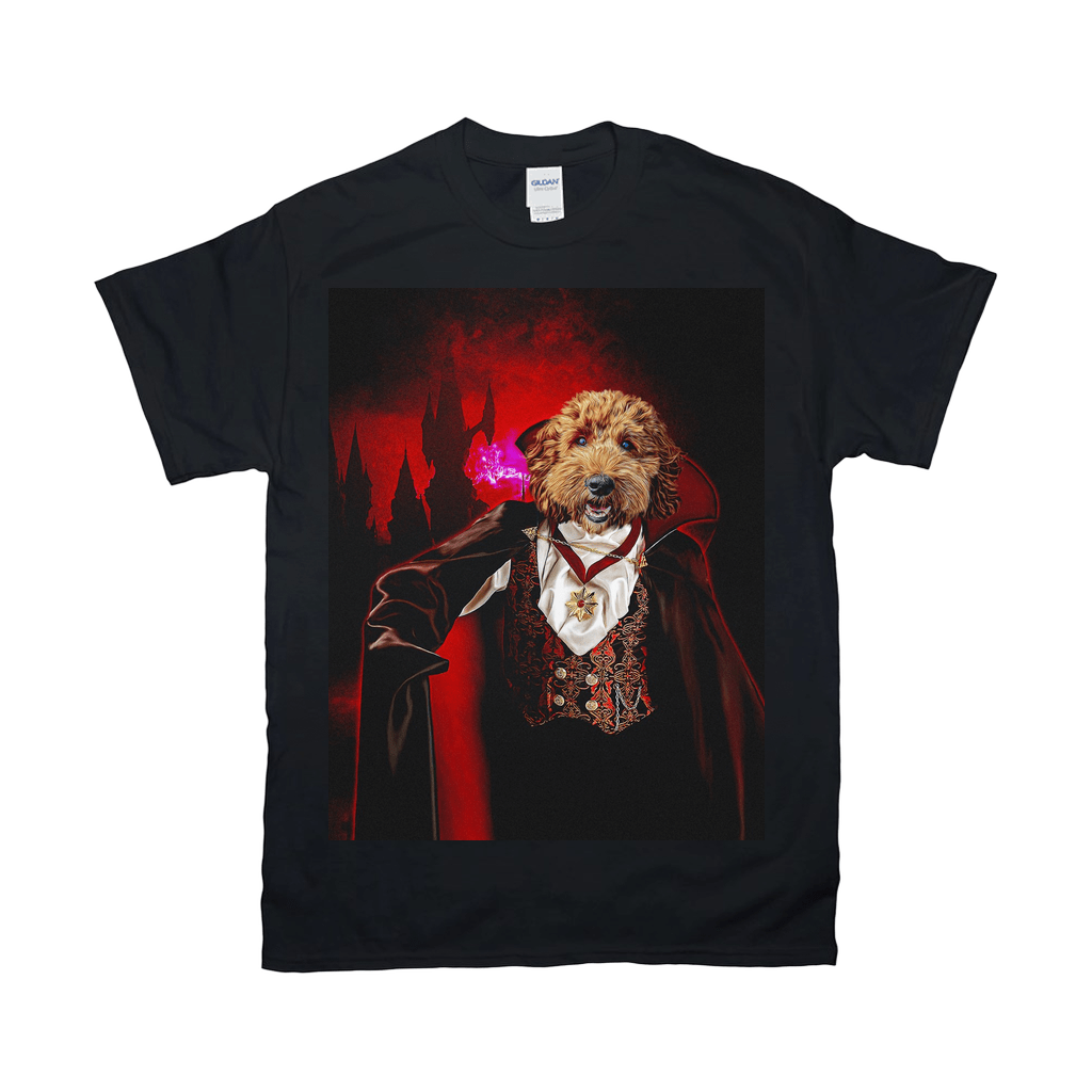 Black Gildan t-shirt with a personalized pet vampire design, featuring a dog in a cape and vest.
