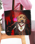 Personalized black tote bag with a custom dog pet portrait in a vampire costume against a red castle background.
