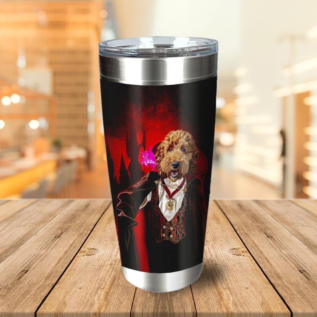 Personalized black stainless steel tumbler with a custom vampire dog portrait.