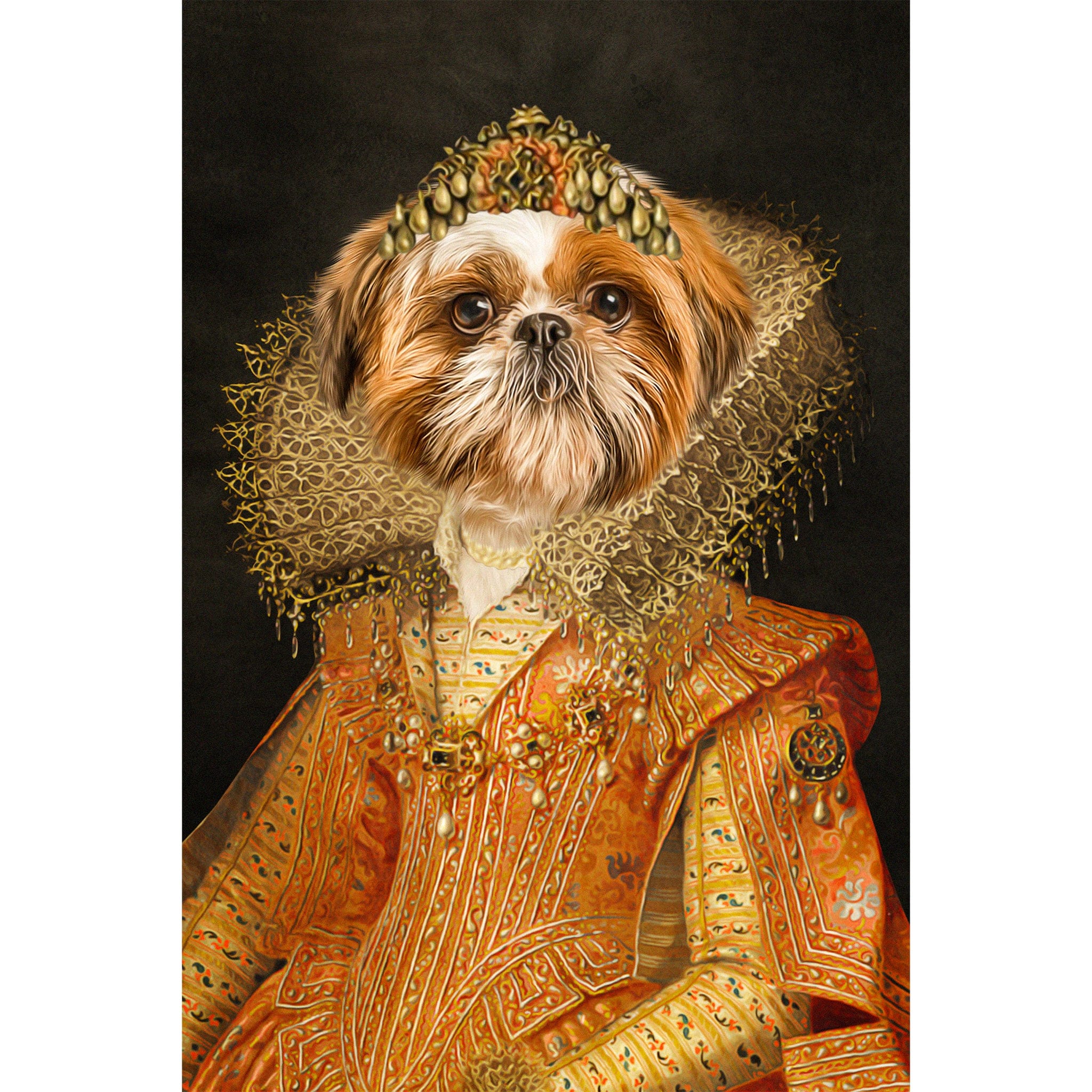 Custom digital portrait of a Shih Tzu dog as a Victorian princess in a gold gown and crown.