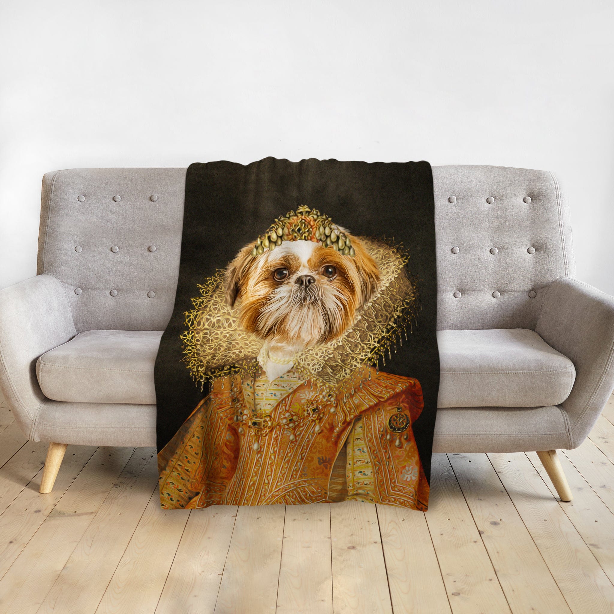 Custom personalized pet blanket with a Shih Tzu in a Renaissance royal portrait.