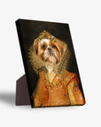 Shih Tzu in a Victorian princess costume on a personalized pet standing canvas with a sturdy stand.