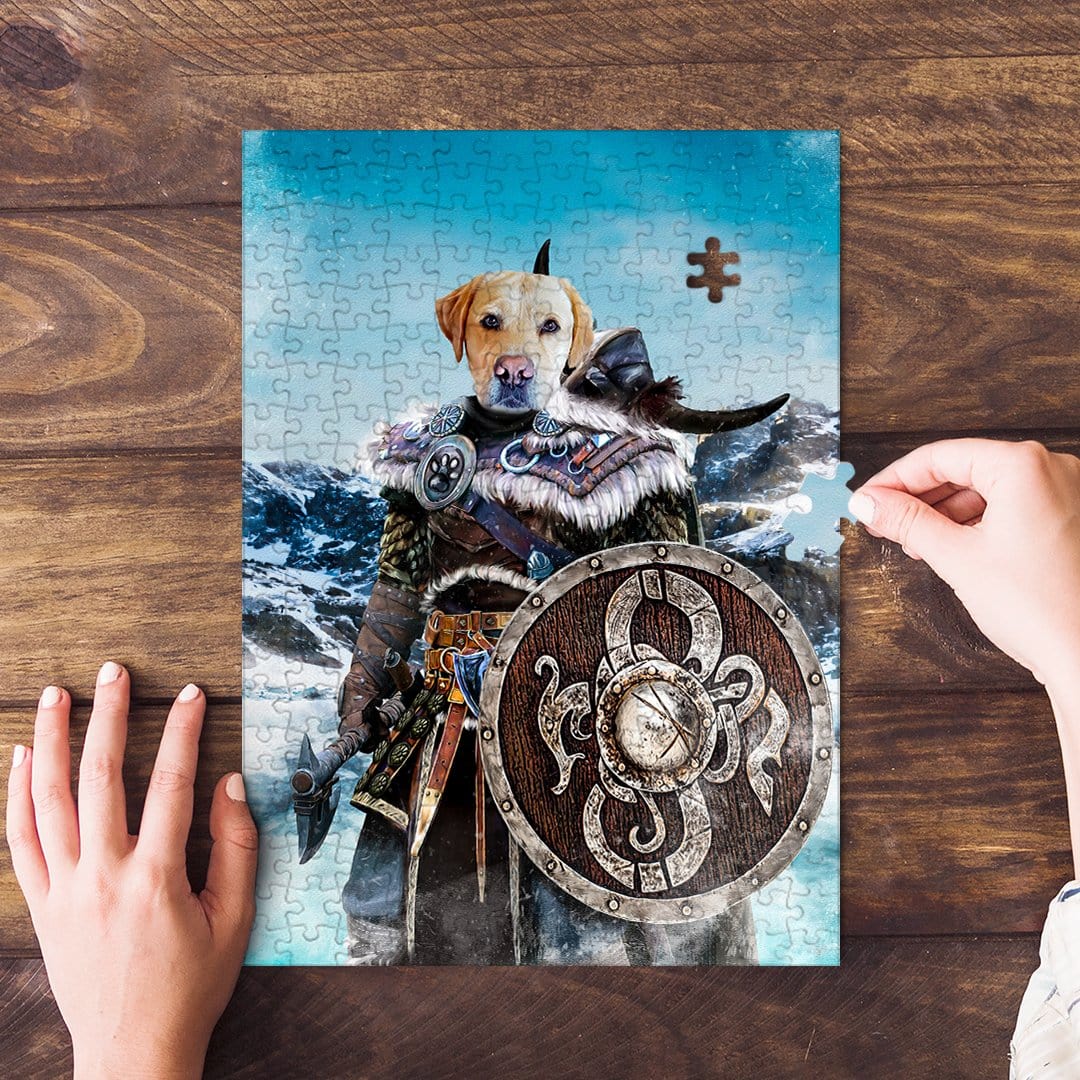 Personalized pet puzzle featuring a yellow lab as a Viking warrior, with hands assembling pieces.