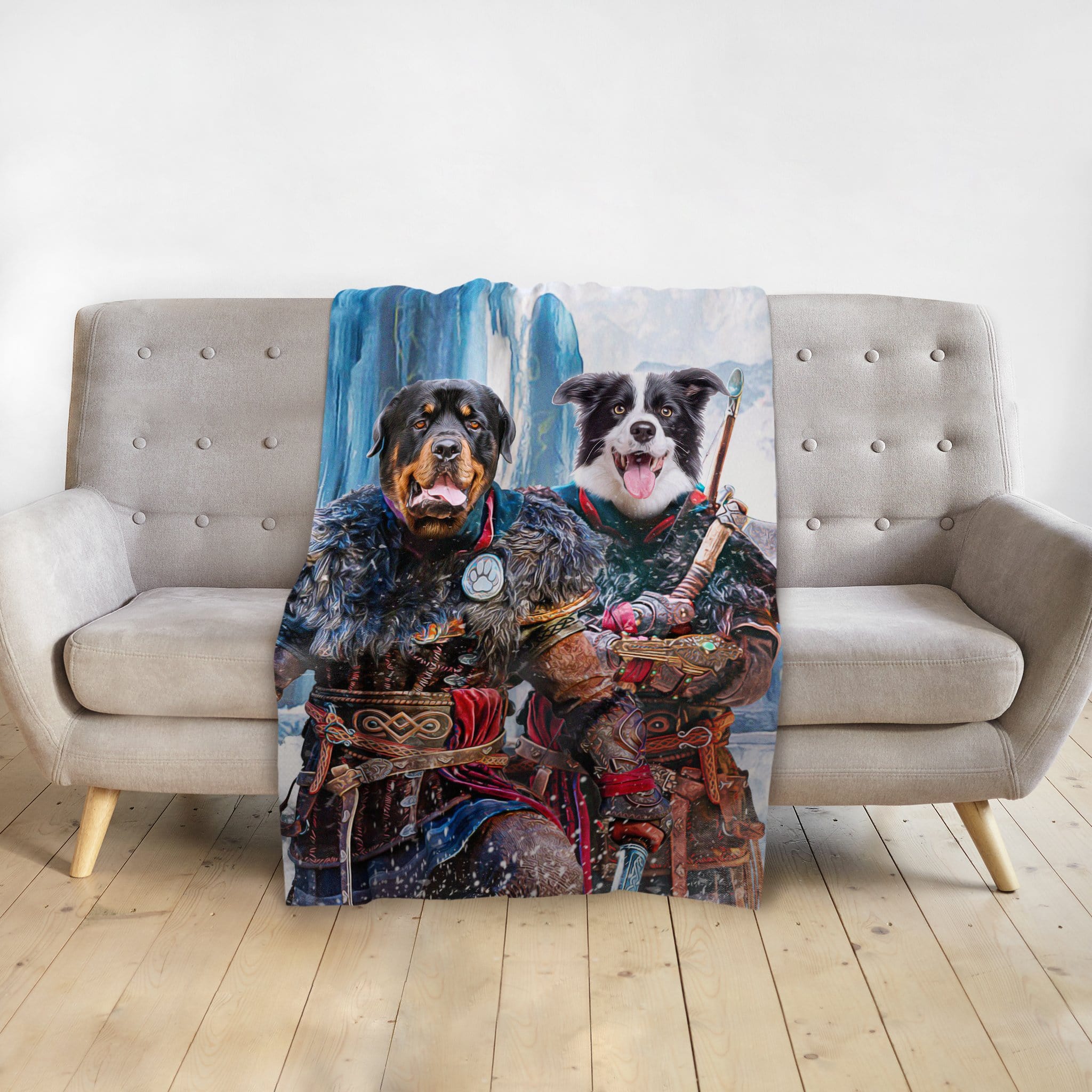 Personalized 2 pet blanket featuring a Rottweiler and Border Collie in Viking warrior portraits.