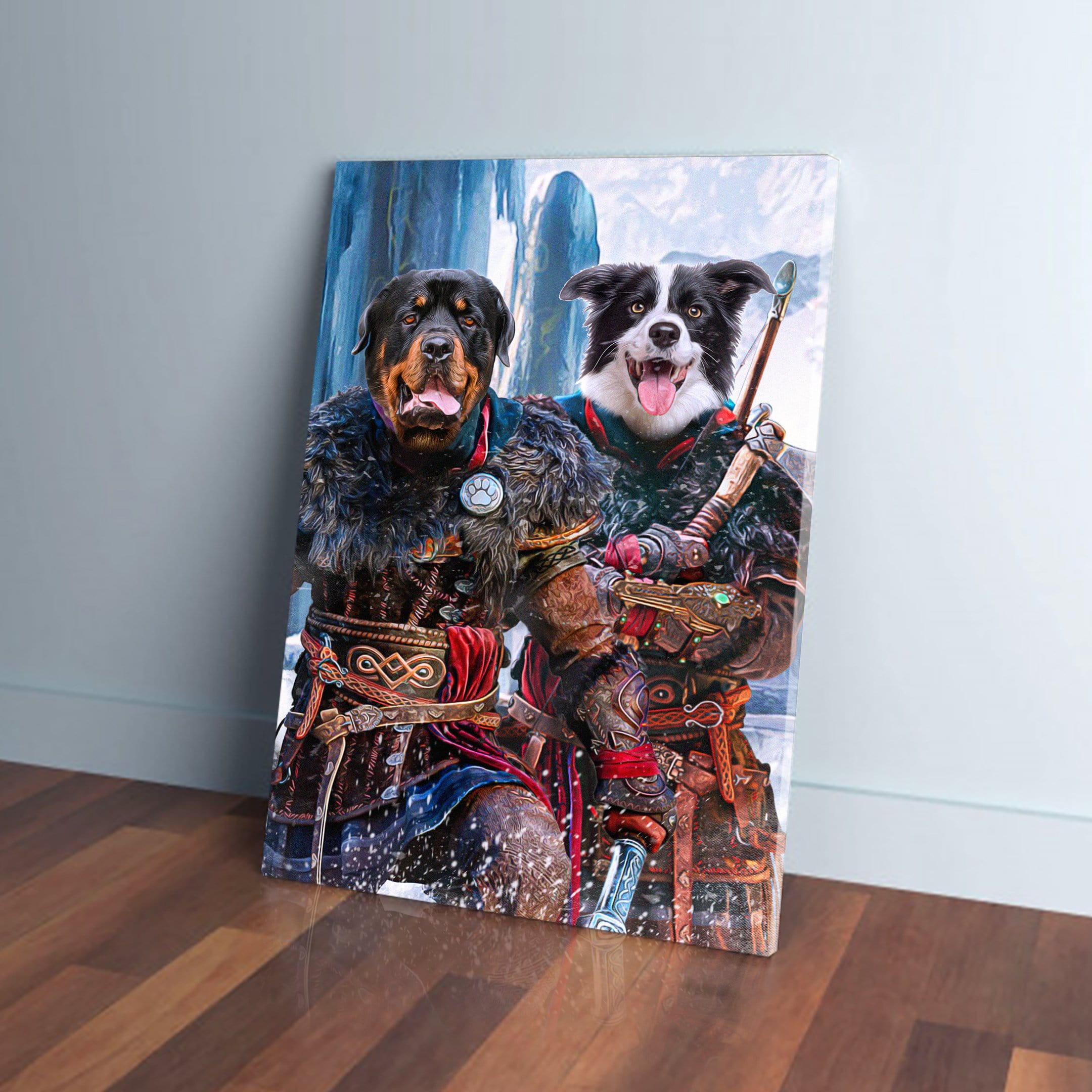 Personalized 'Viking Warriors' canvas featuring a Rottweiler and Border Collie in detailed warrior costumes.