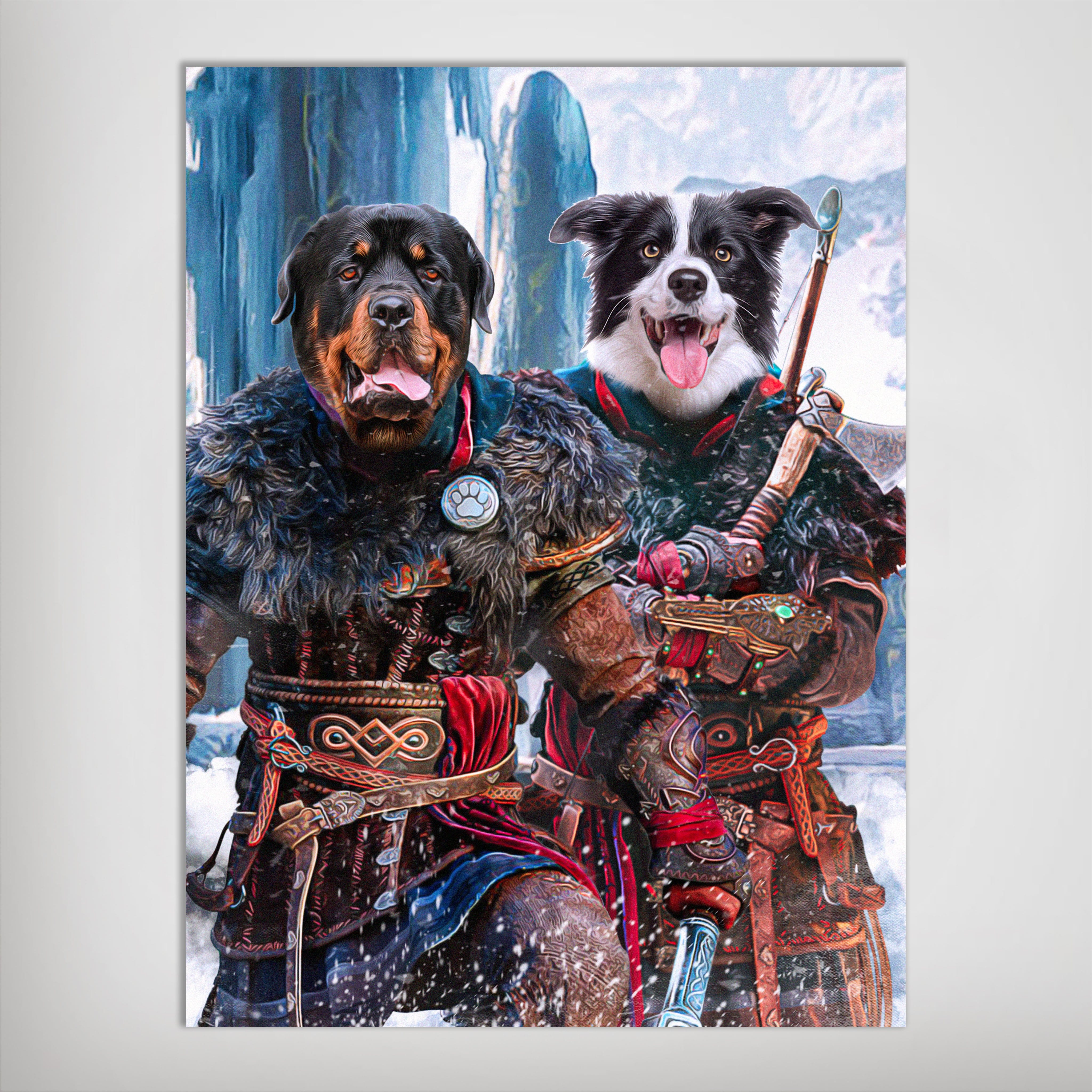 Two dogs, a Rottweiler and a Border Collie, depicted as Viking warriors in a personalized matte poster.