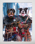 Two dogs, a Rottweiler and a Border Collie, depicted as Viking warriors in a personalized matte poster.