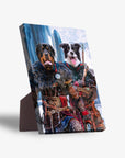 Personalized 2-pet standing canvas featuring a Rottweiler and Border Collie as Viking warriors in a snowy landscape.