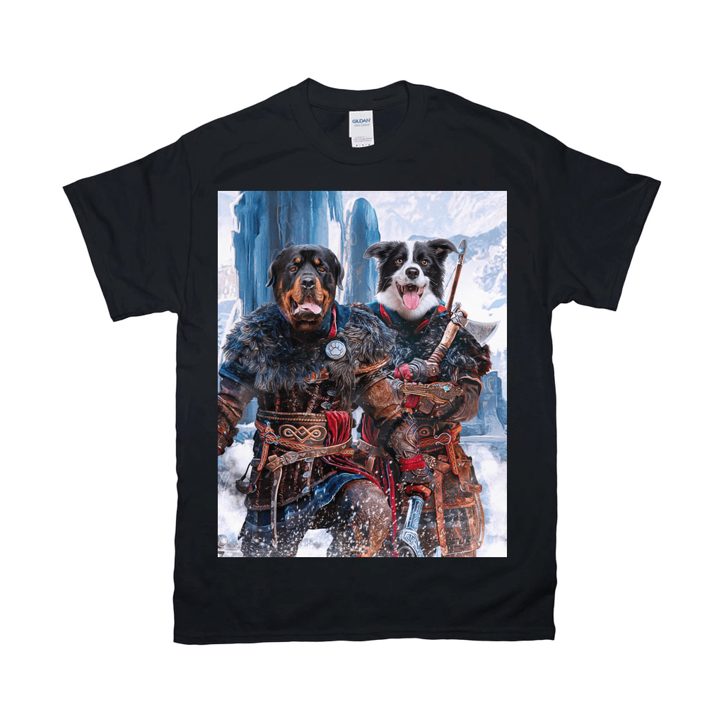Black Gildan t-shirt with two pets (Rottweiler and Border Collie) dressed as Viking warriors.