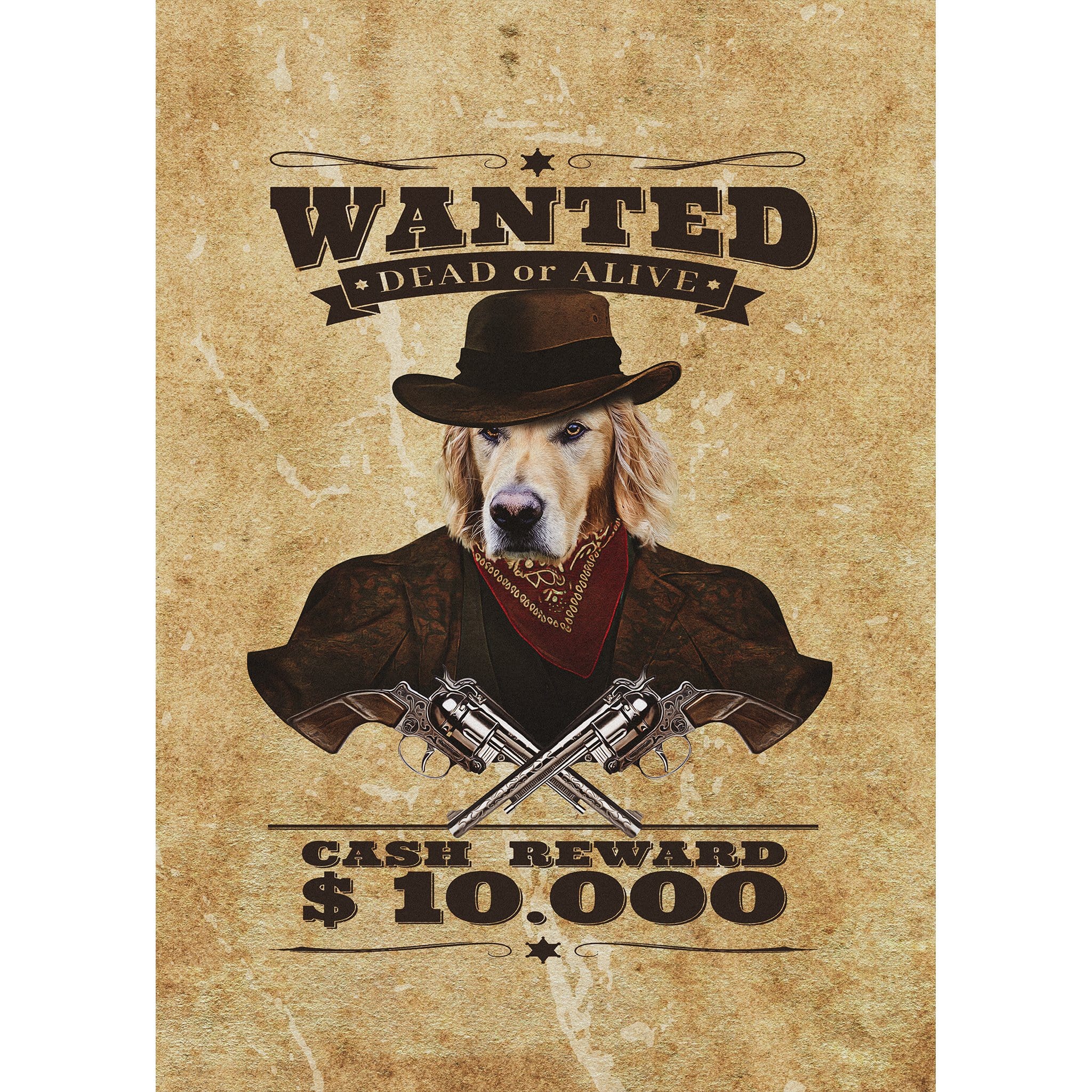 Personalized 'The Wanted' digital portrait featuring a Golden Retriever as a cowboy on a vintage poster.