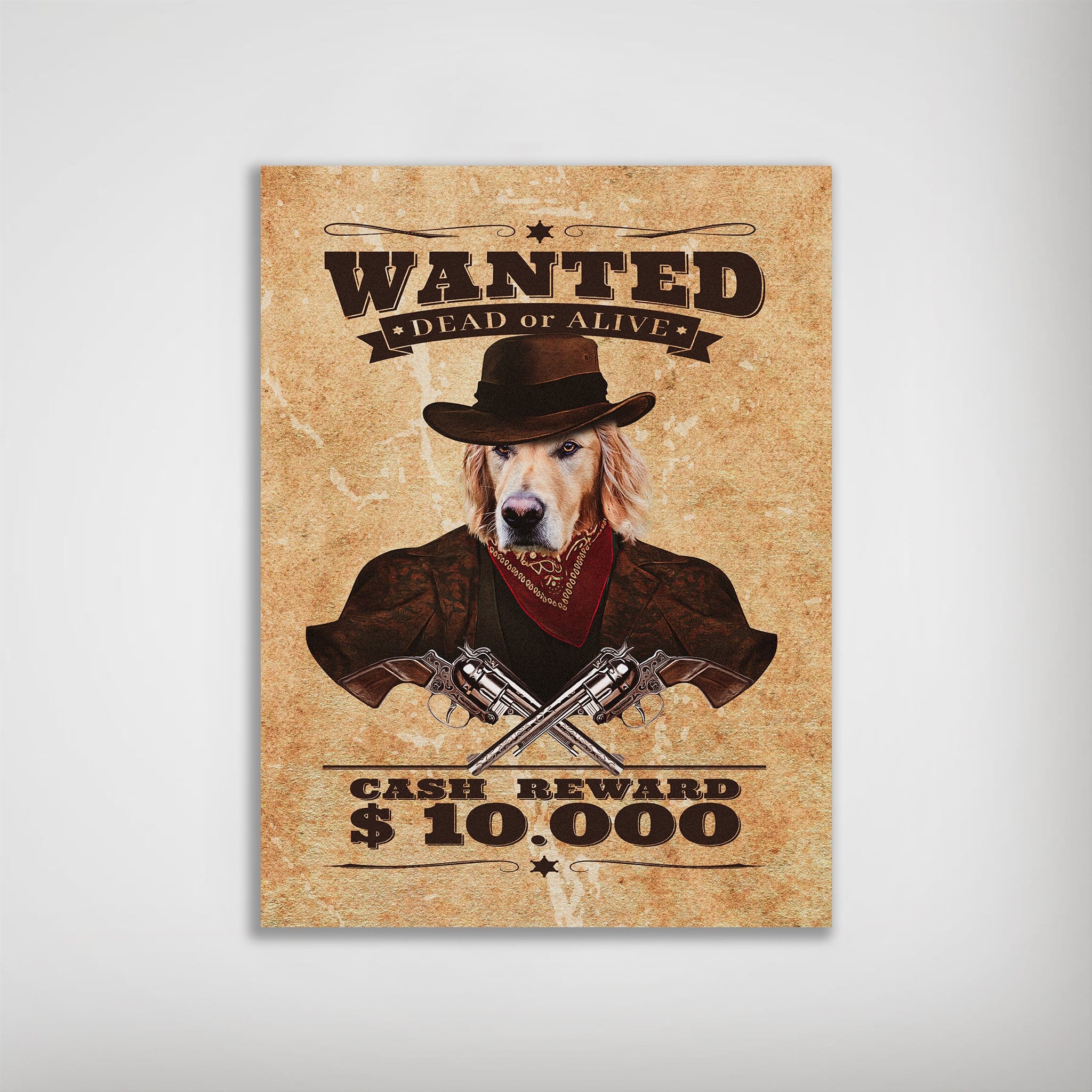 Vintage "Wanted Dead or Alive" poster featuring a golden retriever in a cowboy hat, bandana, and jacket with crossed revolvers.