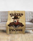 Personalized pet blanket with a golden retriever in a "Wanted Dead or Alive" cowboy portrait.