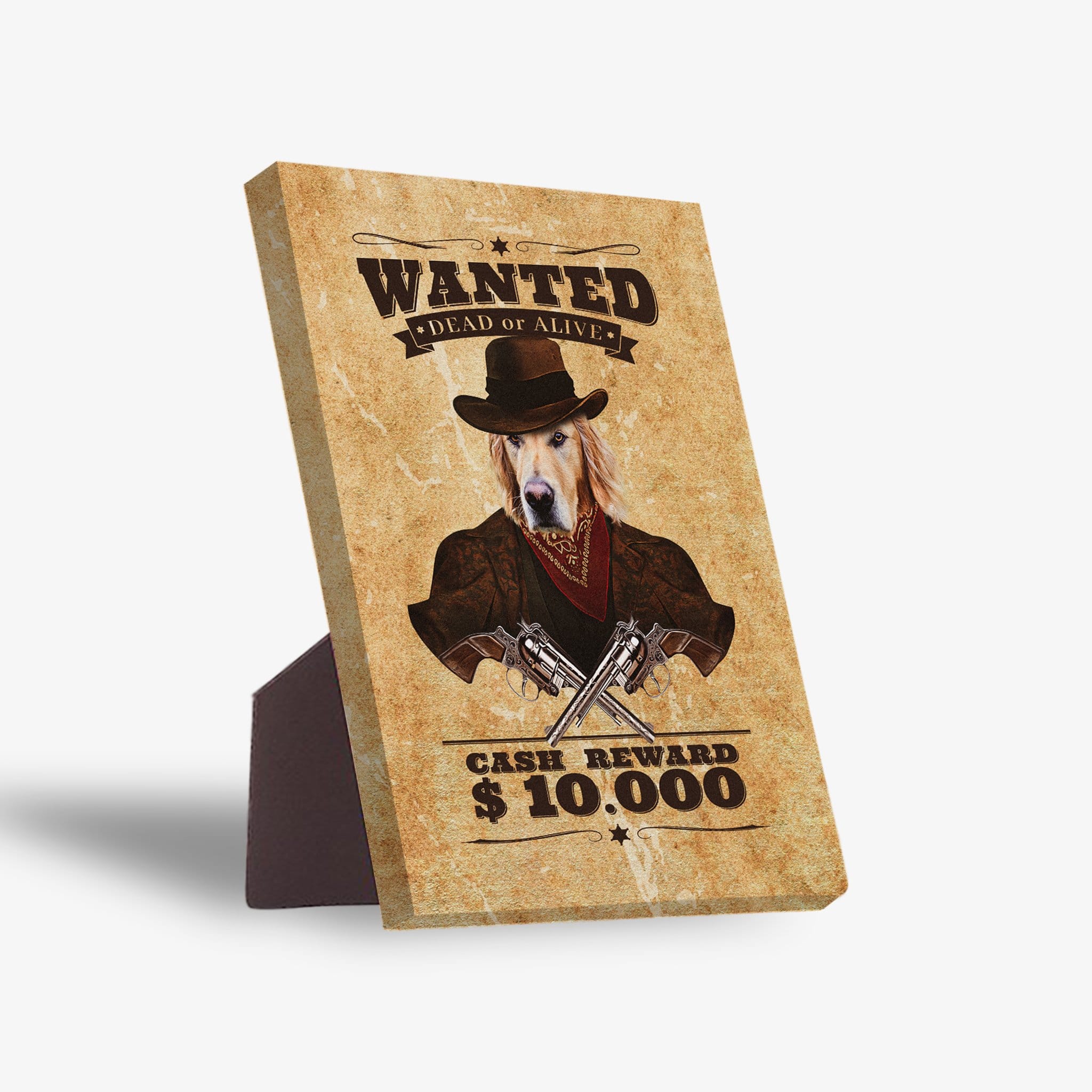 Personalized 'Wanted' pet standing canvas featuring a golden retriever in cowboy attire with crossed revolvers.