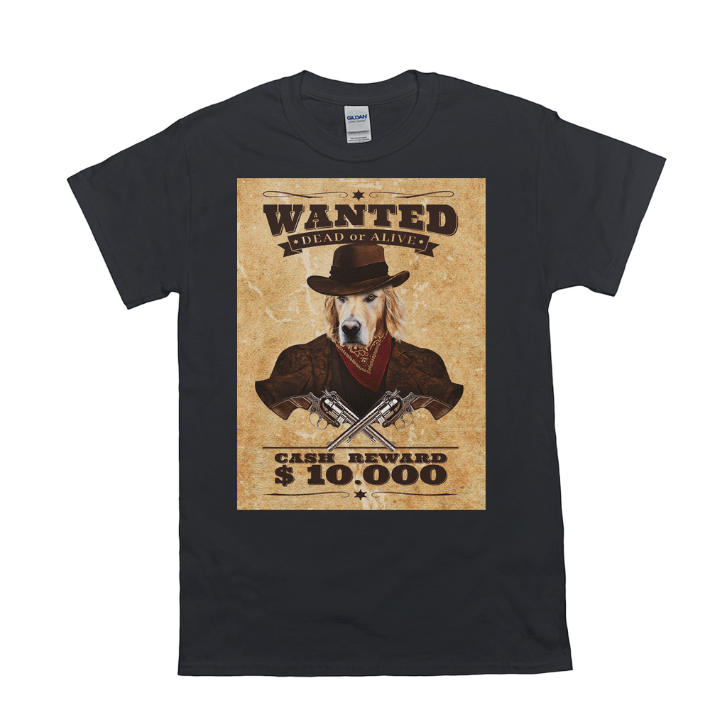Black Gildan t-shirt with a vintage "Wanted Dead or Alive" poster featuring a golden retriever in a cowboy hat.