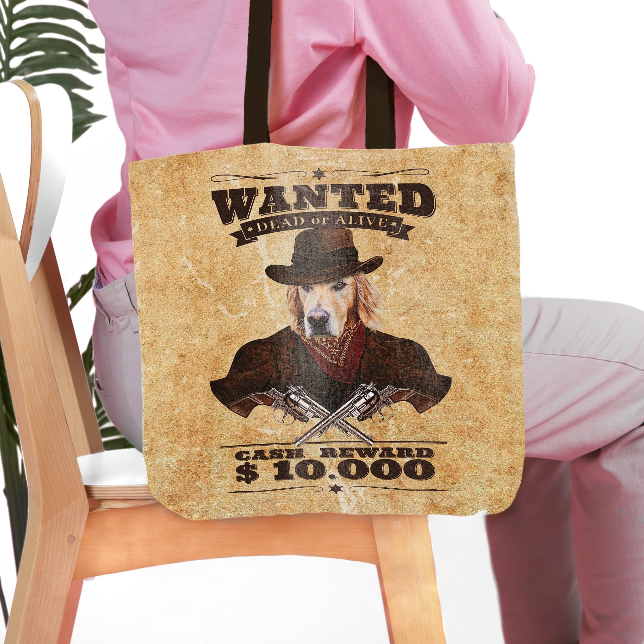Personalized "Wanted" tote bag featuring a Golden Retriever pet portrait in a cowboy hat.