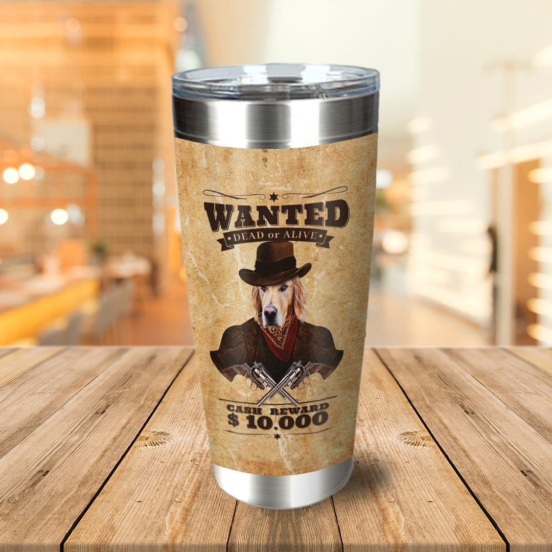 Personalized stainless steel tumbler with a custom "Wanted" poster design featuring a dog in a cowboy hat.