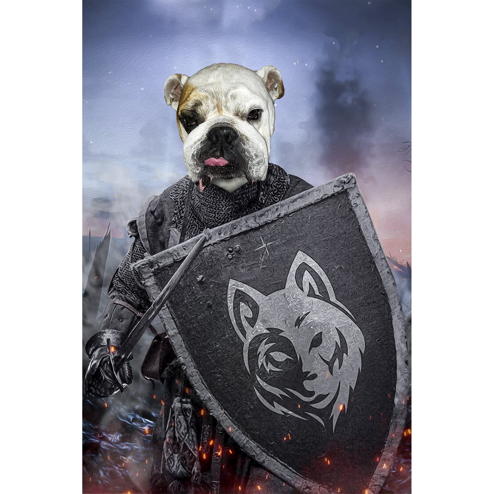 Custom digital portrait of a bulldog as a warrior in armor holding a shield with a wolf emblem.