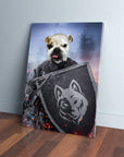 Personalized 'Warrior' pet canvas featuring a bulldog's head on a knight's body holding a shield with a wolf emblem.