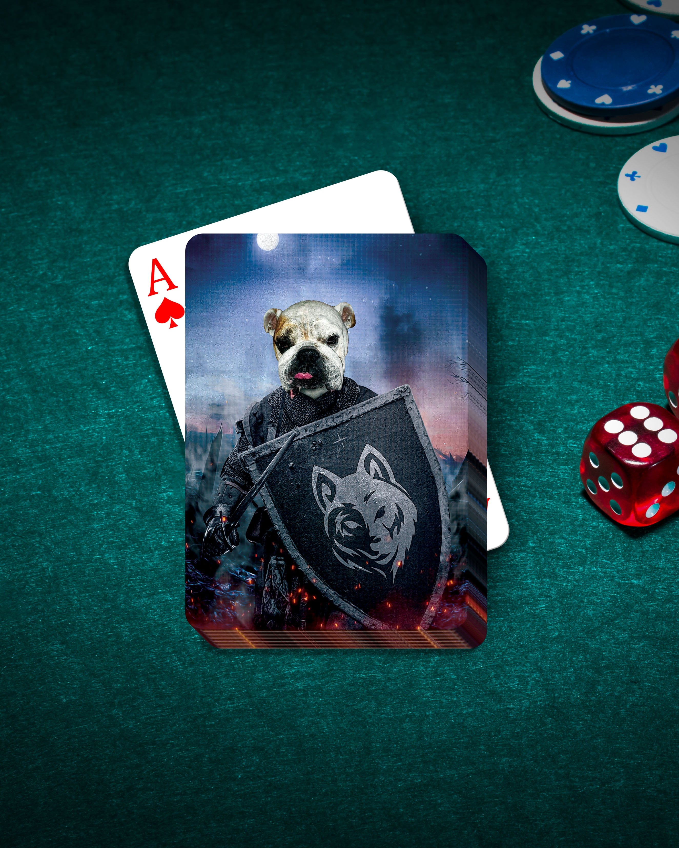 Custom personalized playing card with a bulldog pet portrait as a medieval warrior holding a shield.