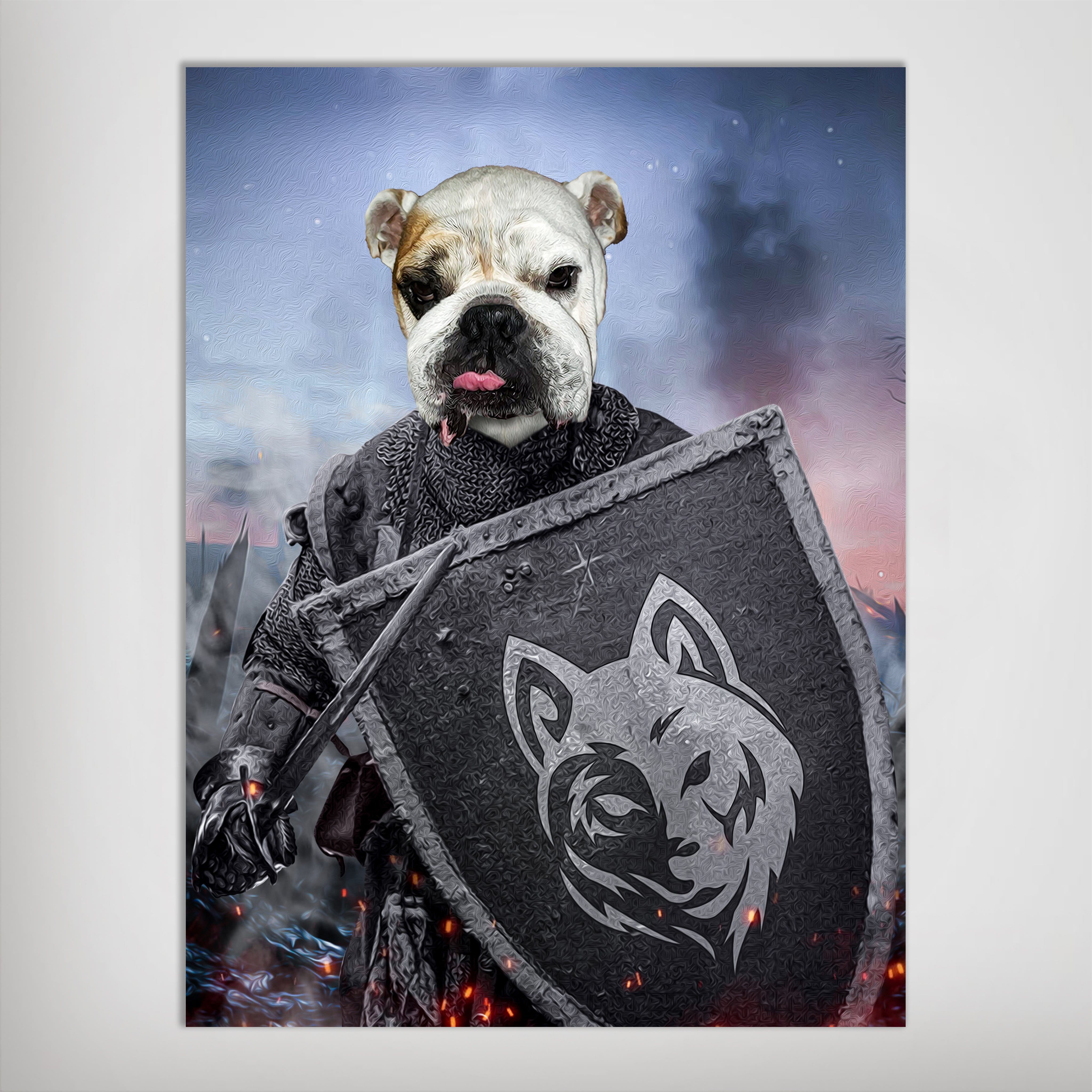 Personalized 'The Warrior' pet poster featuring a bulldog's head on a knight holding a shield with a wolf emblem.