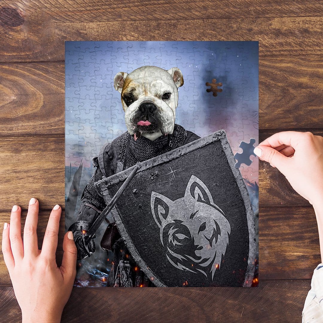 Personalized pet puzzle featuring a bulldog's head on a warrior's body, holding a shield with a wolf emblem.