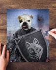 Personalized pet puzzle featuring a bulldog's head on a warrior's body, holding a shield with a wolf emblem.