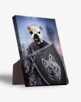 Personalized 'Warrior' pet standing canvas featuring a bulldog in knight armor with a shield.