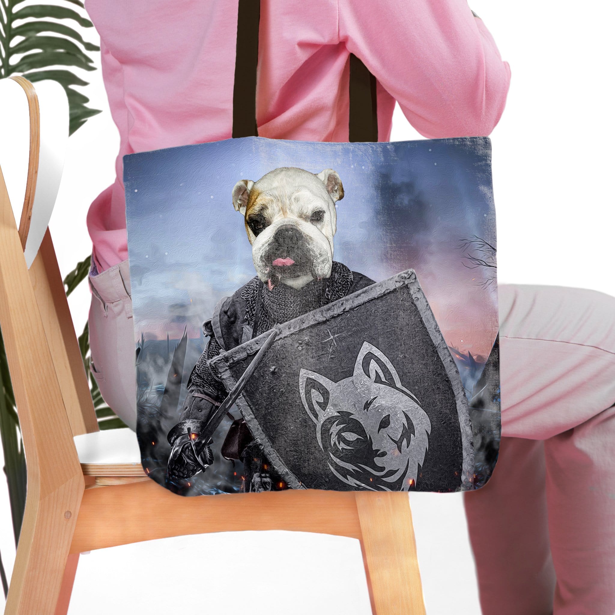 Personalized 'Warrior' tote bag with a bulldog pet portrait in renaissance knight armor.