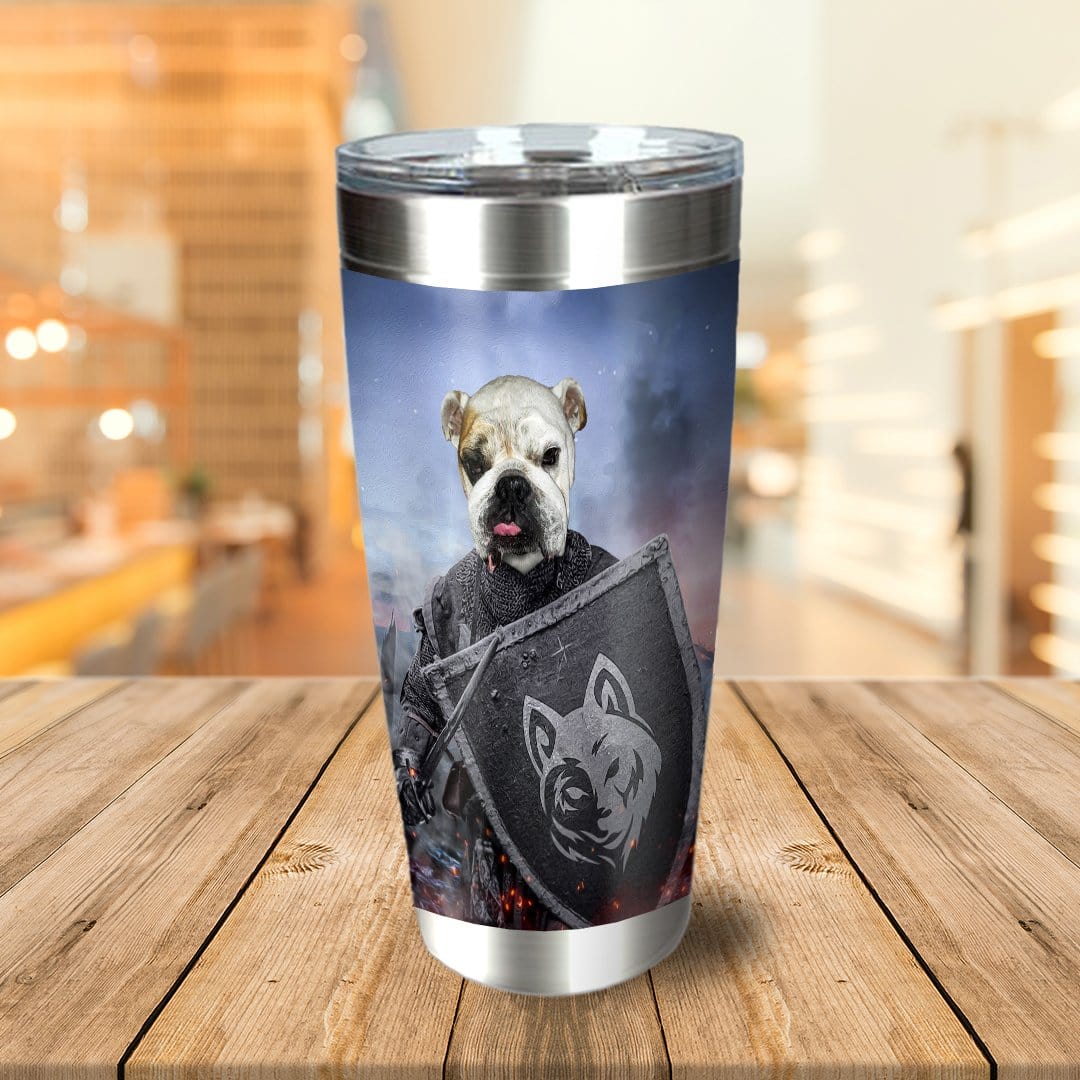 Personalized stainless steel tumbler with a bulldog in Viking warrior armor holding a shield.