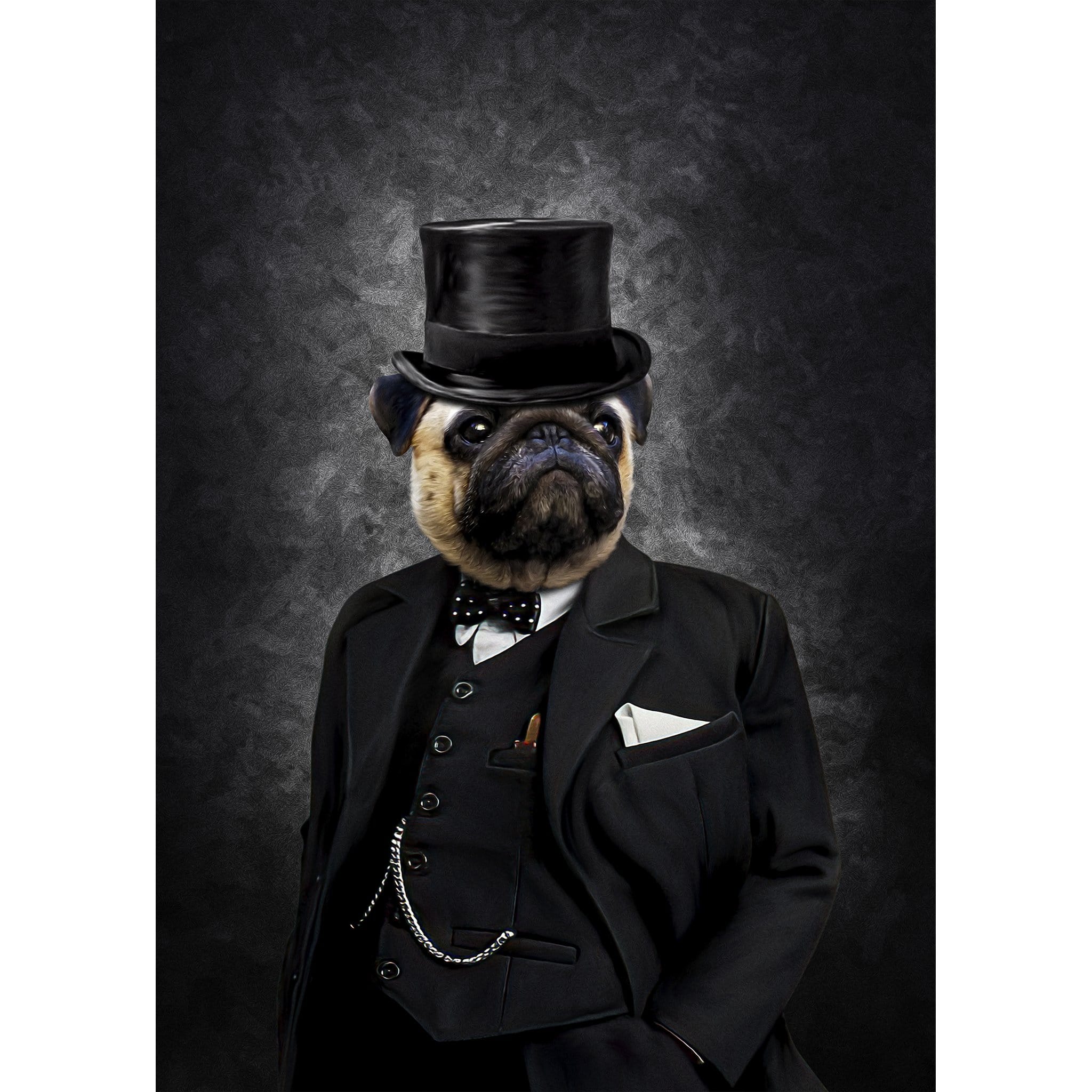 Custom digital portrait of a pug in a black top hat and tuxedo.