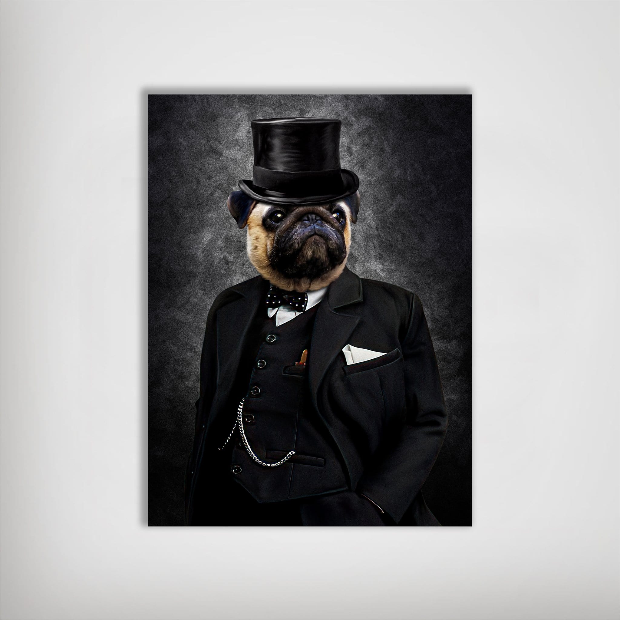 Matte personalized pug dog portrait poster in a black top hat and suit, against a dark background.